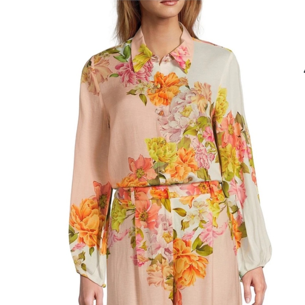 Antonio Melani Flynn Floral Print Coordinating Linen Blend Collar Neck Blouse